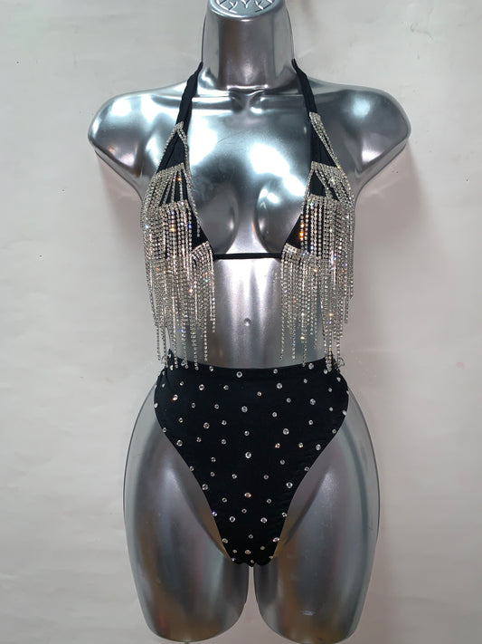 2PC HIGH BLK SHORT SET FRINGED TOP