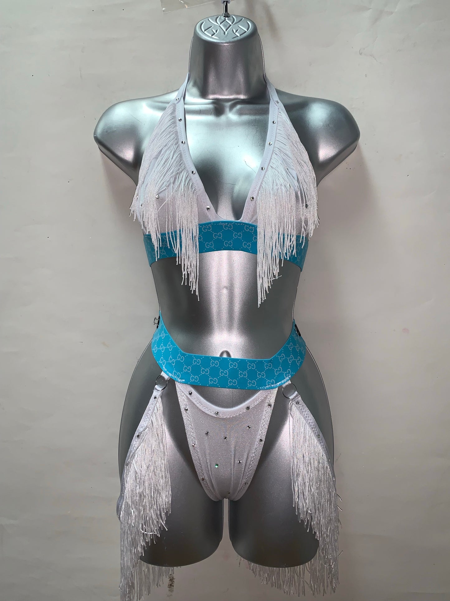 BLUE AND WHITE FRINGE TWO PIECE