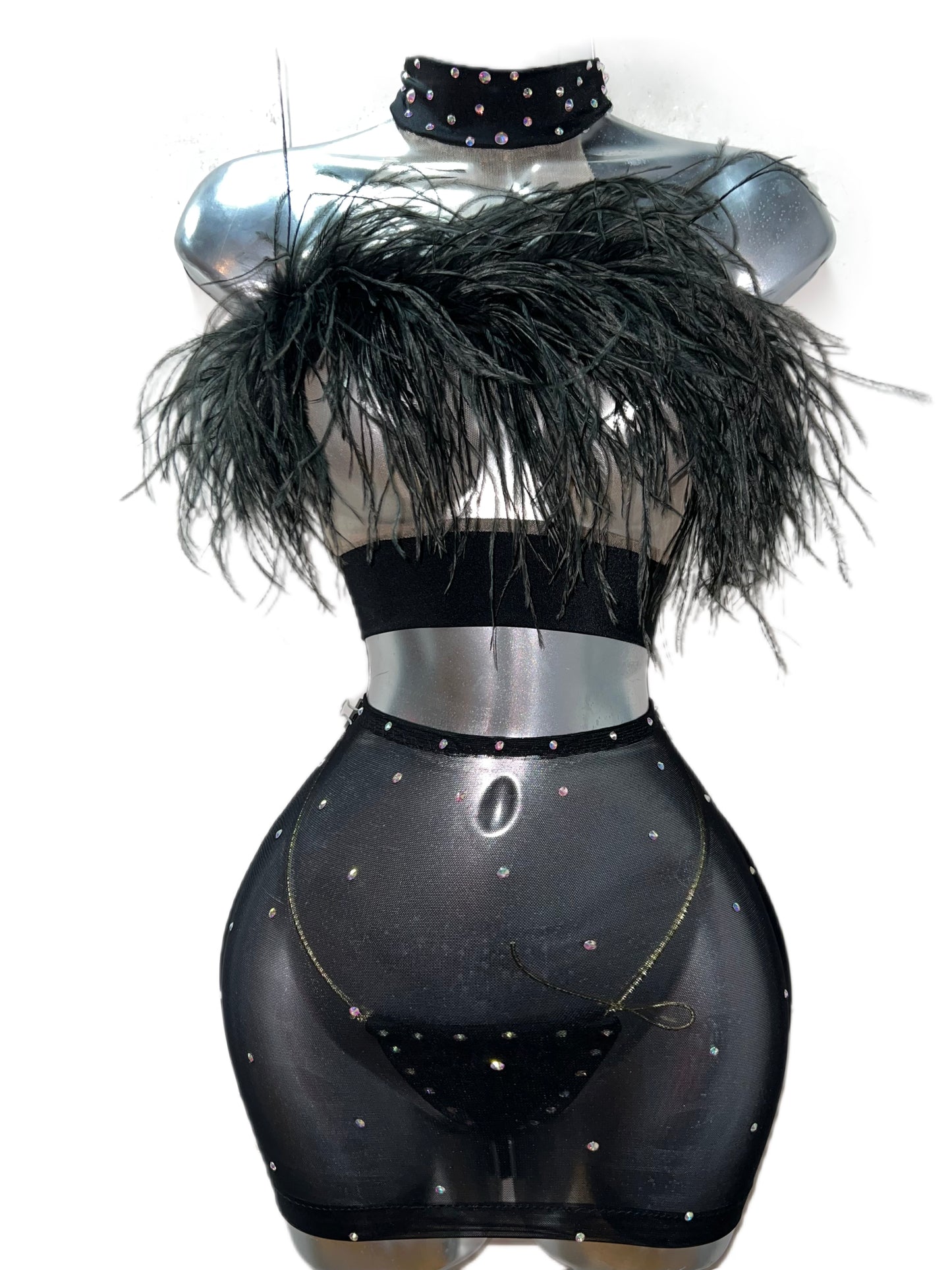 Three Piece Ostrich Feathered Skirt Set