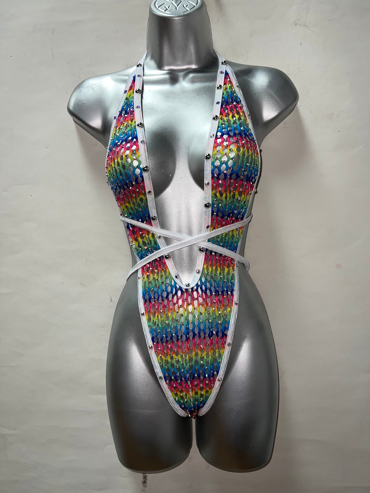 One Piece Cross Rainbow Fishnet Ensemble