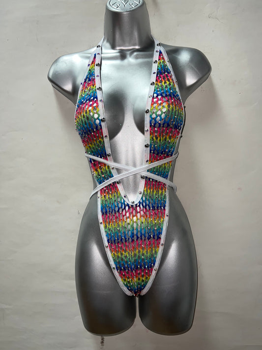 One Piece Cross Rainbow Fishnet Ensemble
