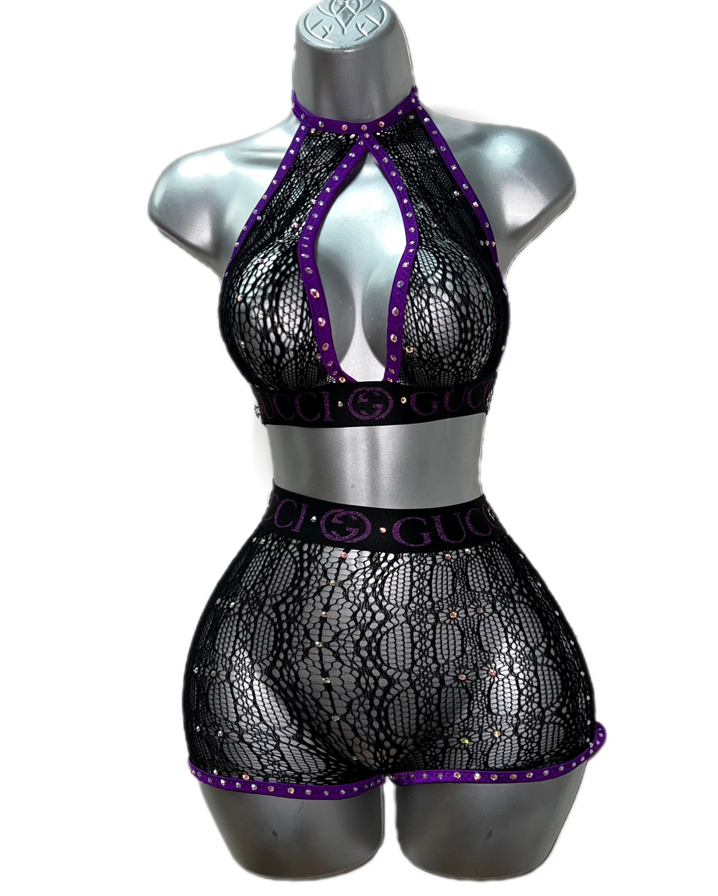 PURPLE AND BLACK LACE SHORT SET