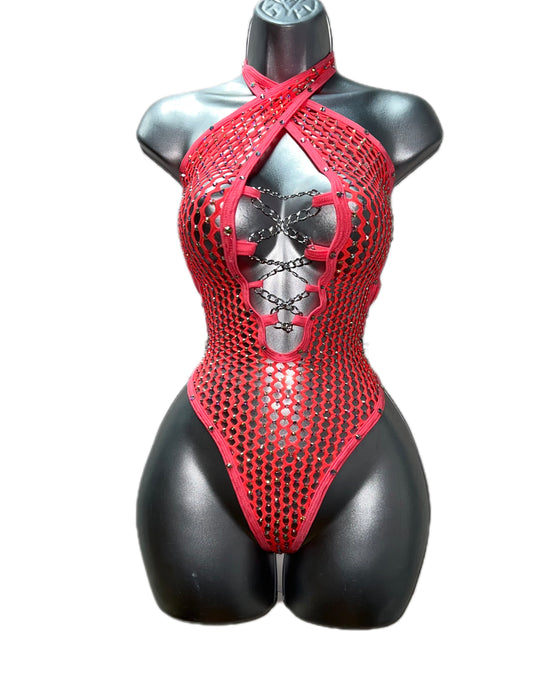 BRIGHT CORRAL FISHNET BODYSUIT