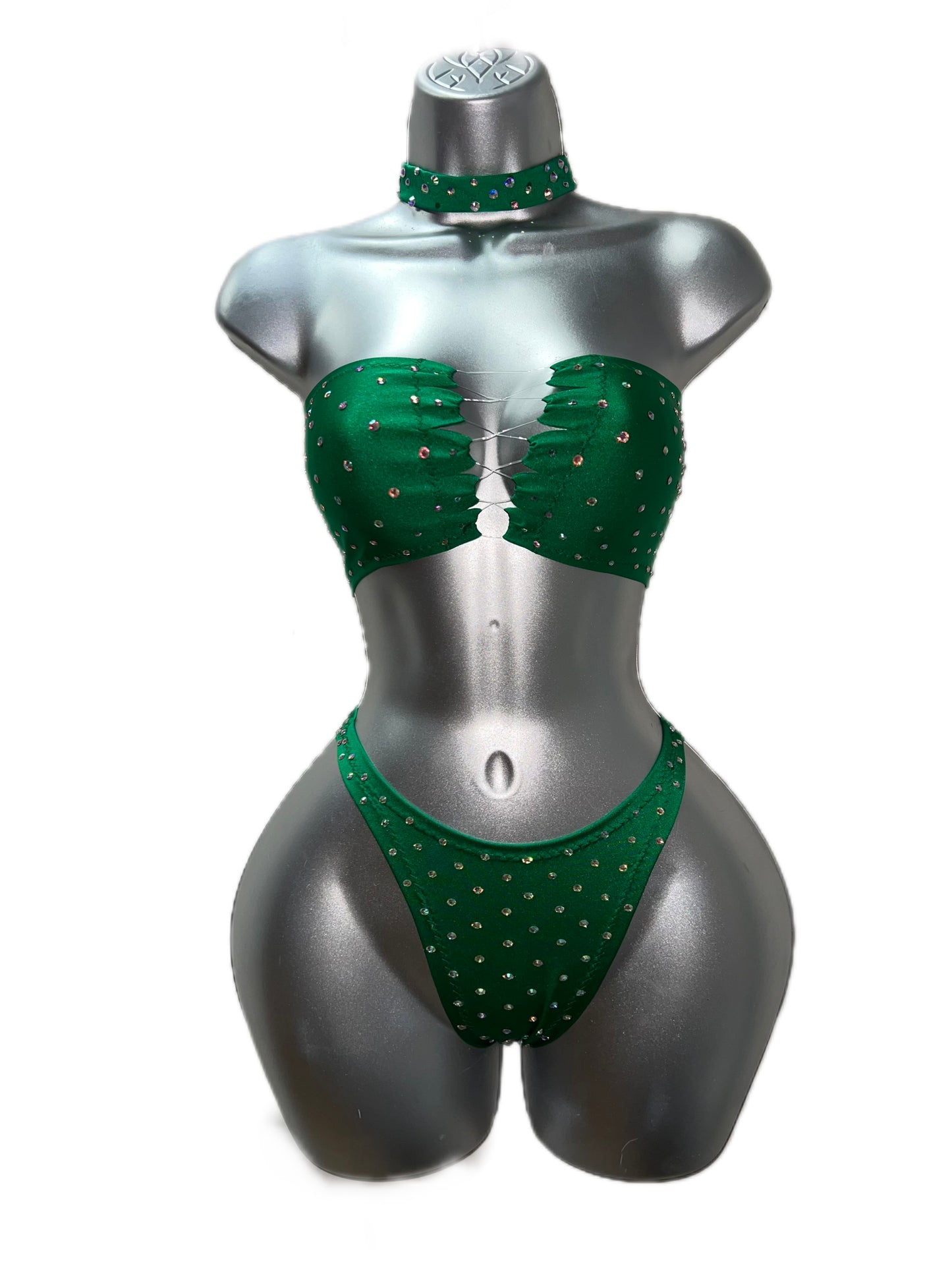 GREEN STRAPLESS TOP, THONG, CHOKER SET