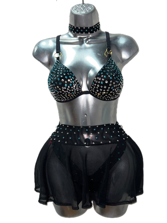 RHINESTONE BRA THREE-PIECE SKIRT SET