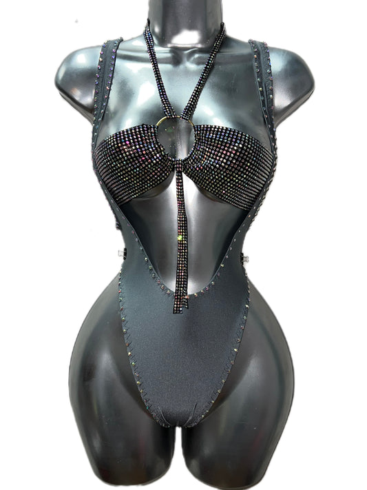 GREY RHINESTONE BODYSUIT TWO PIECE