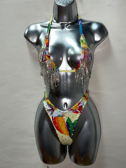 Two Piece Rhinestone Floral Short Set