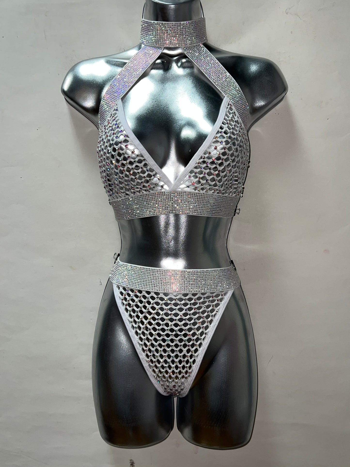 Two Piece White Rhinestone Fishnet Set