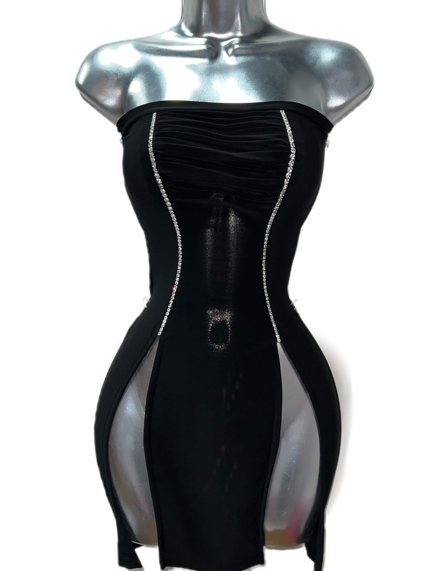 STRAPLESS BLACK MINI DRESS WITH RHINESTONES