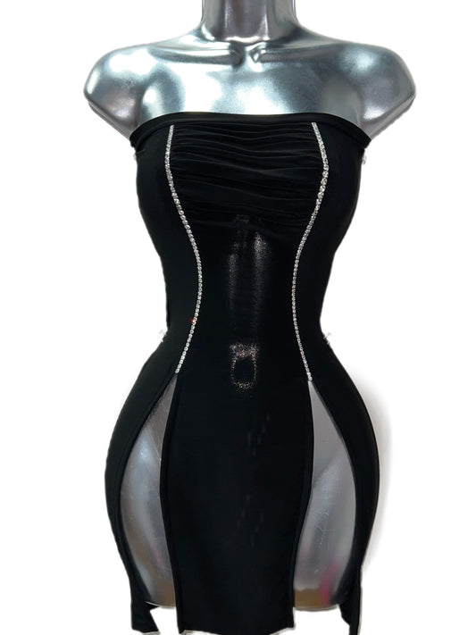 STRAPLESS BLACK MINI DRESS WITH RHINESTONES