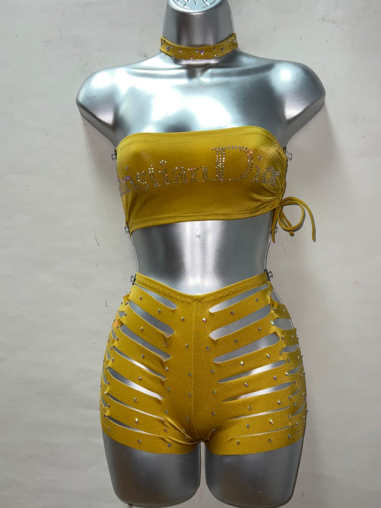 Three Piece High Waist Slit Short Set