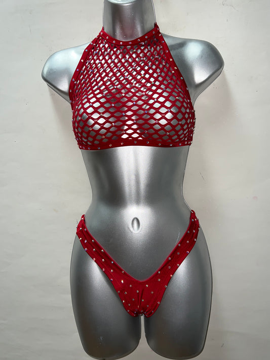 Two Piece Fisnet Red Thong Set