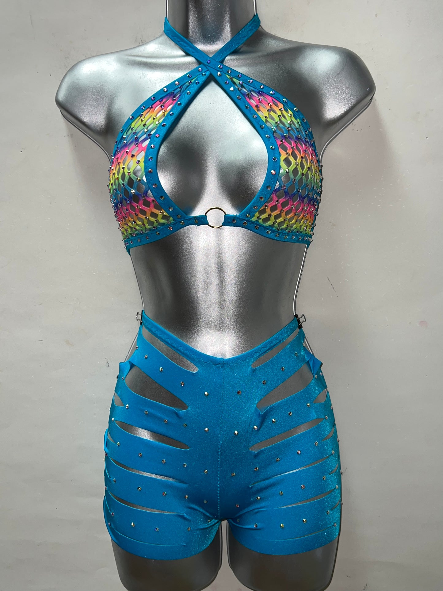 Two Piece Blue Slit Short Set