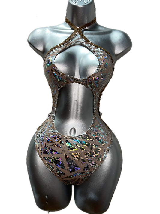 BEIGE BODYSUIT WITH HOLOGRAPHIC DESIGN