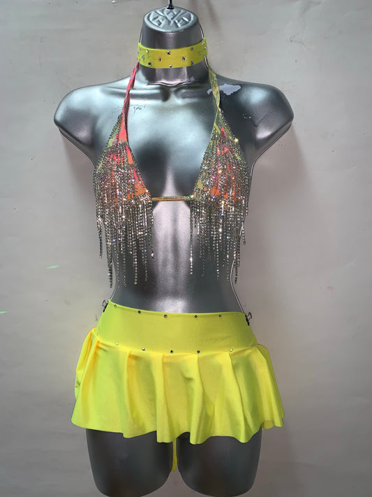 3PC RHINESTONE FRINGE SKIRT SET