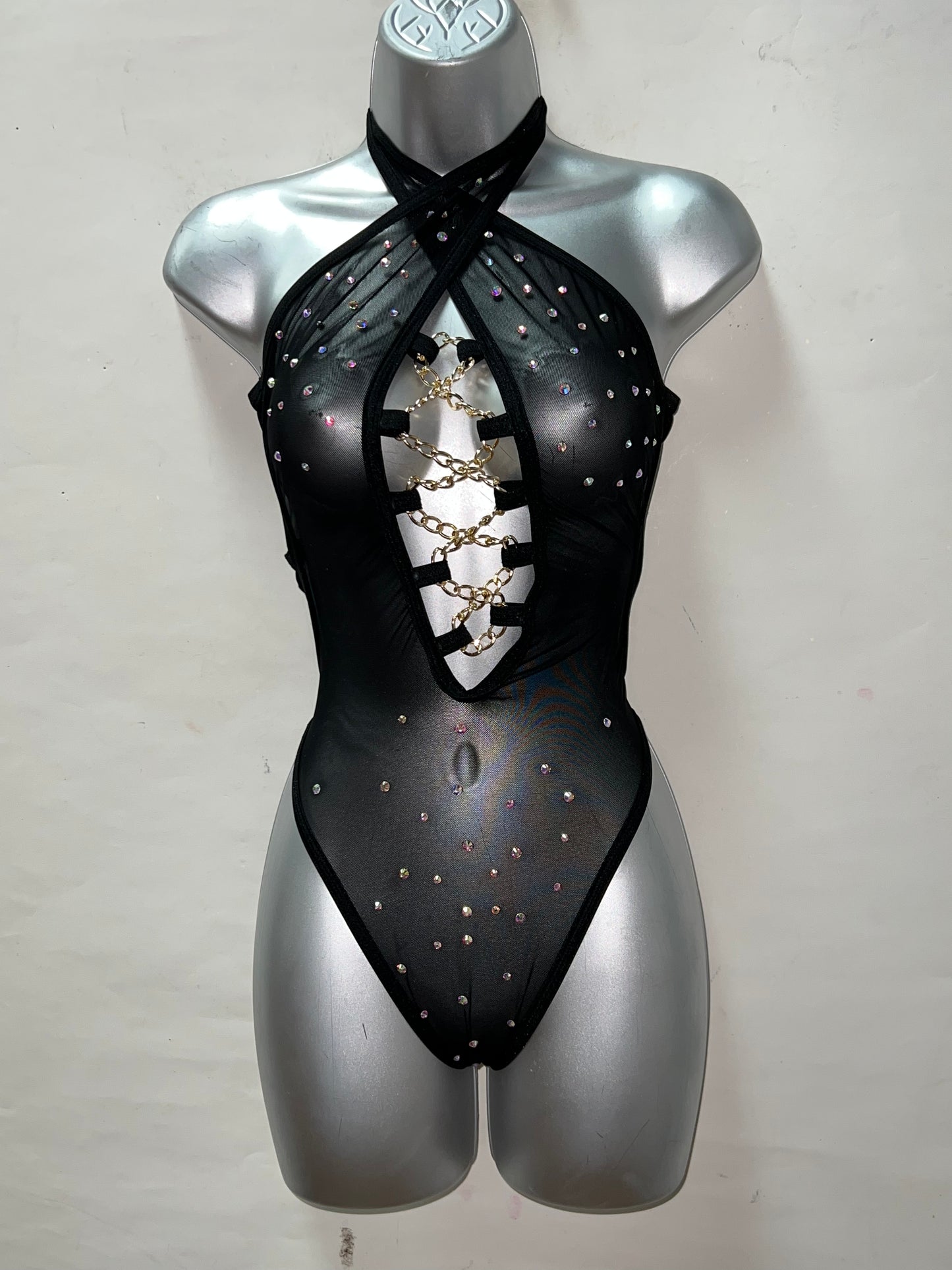 One Piece Black Rhinestone Mesh Ensemble