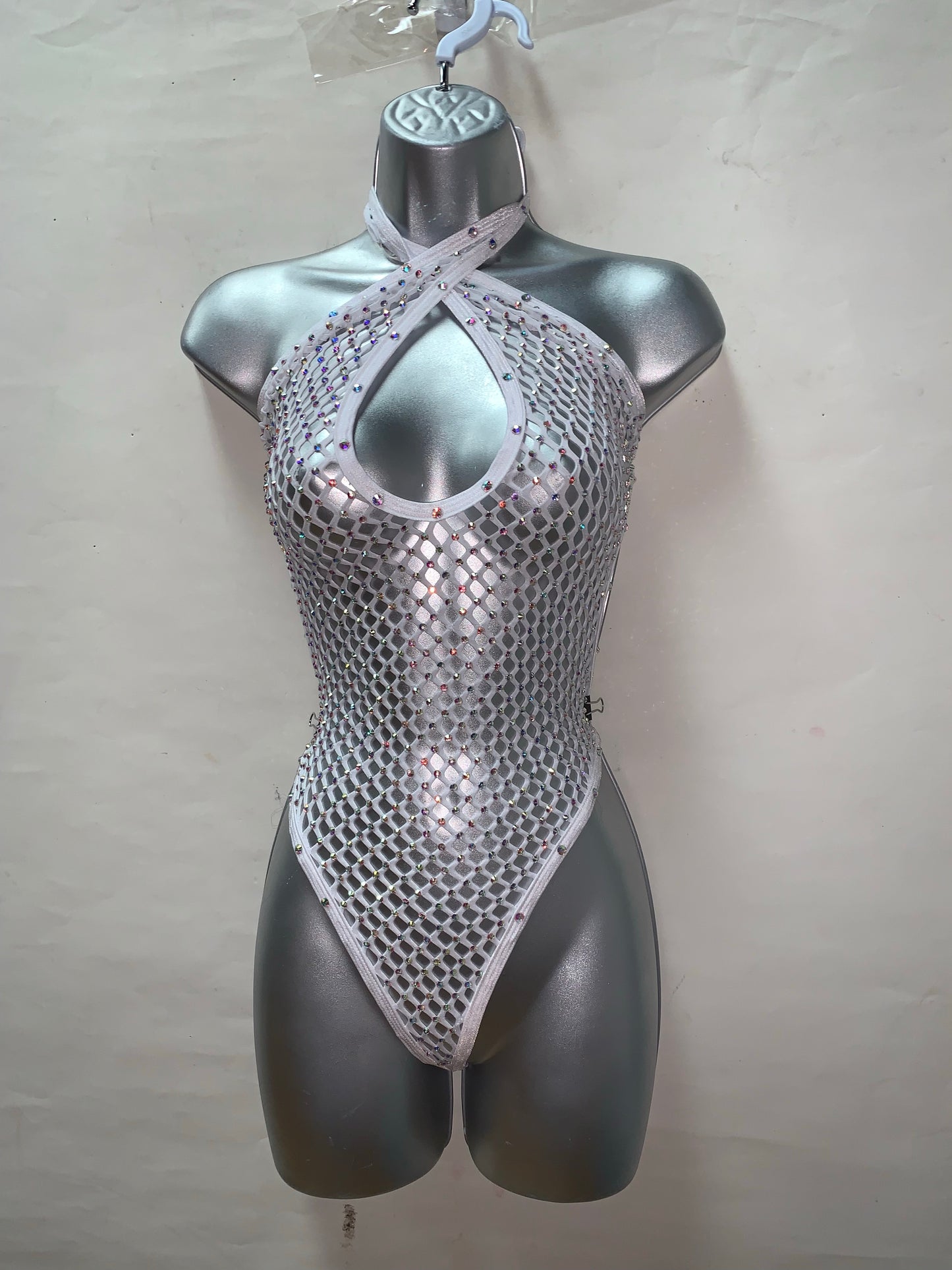 ONE PIECE WHITE FISHNET WITH RHINESTONES