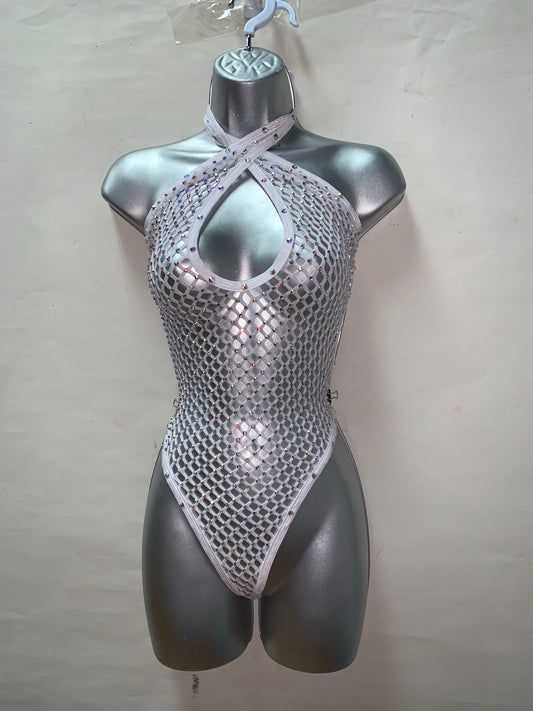 ONE PIECE WHITE FISHNET WITH RHINESTONES