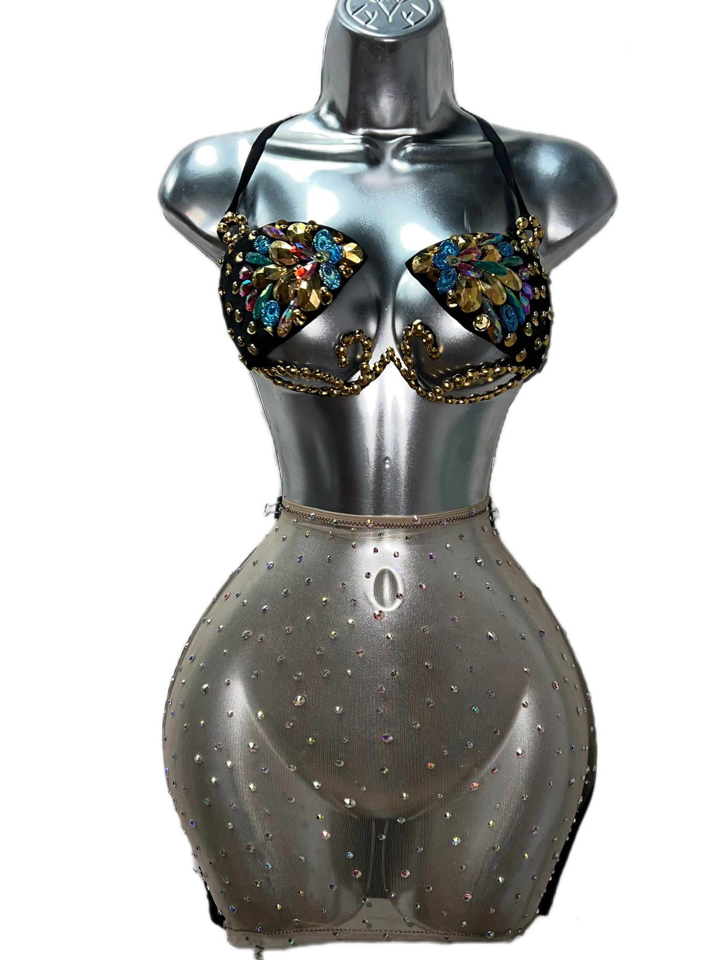 Two Piece Rhinestone Bra Skirt Set