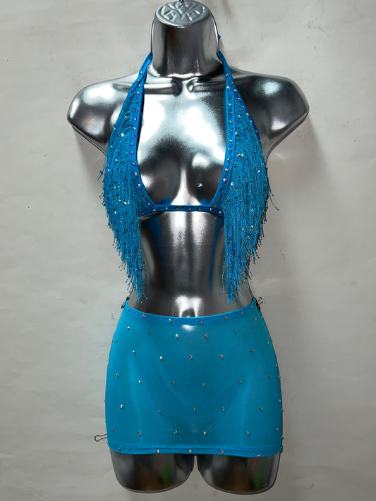 Two Piece Blue Fringe Skirt Set