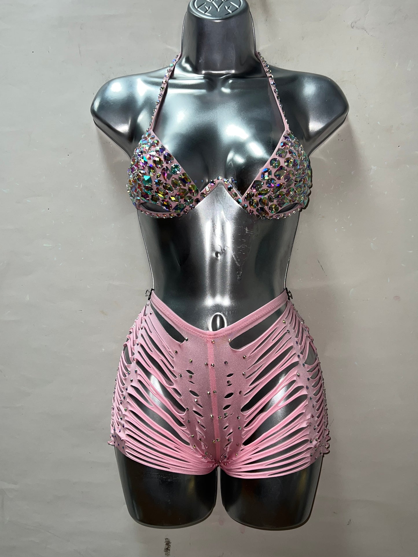 Two Piece Pink Bra Set w/ Slit Shorts