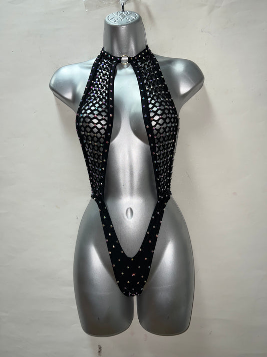 Blk One Piece Rhinestone Fishnet Ensemble