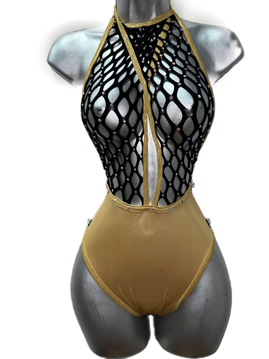 GOLD AND BLACK FISHNET BODYSUIT