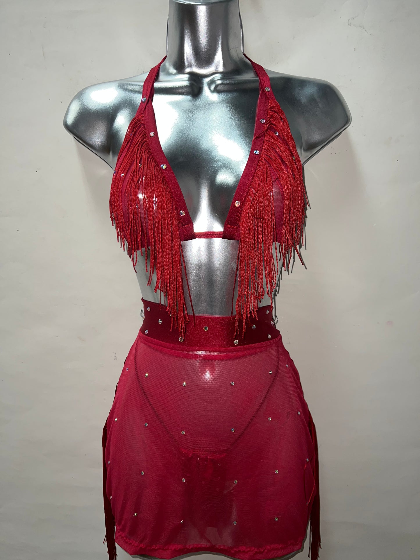 Three Piece Fringe Skirt Set Red
