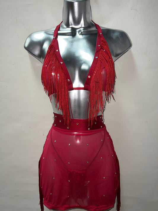Three Piece Fringe Skirt Set Red