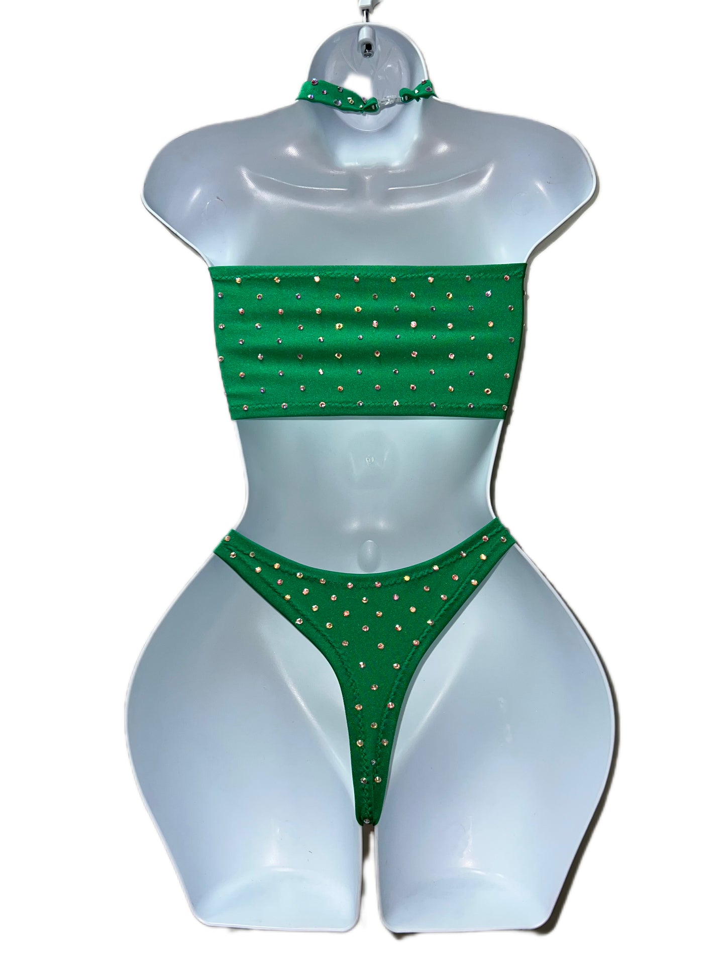 GREEN STRAPLESS TOP, THONG, CHOKER SET