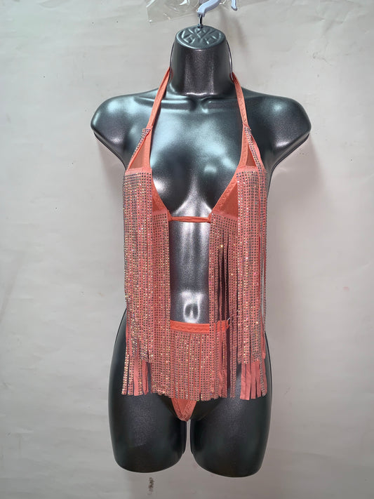 2PC PEACH RHINESTONE FRINGE SET