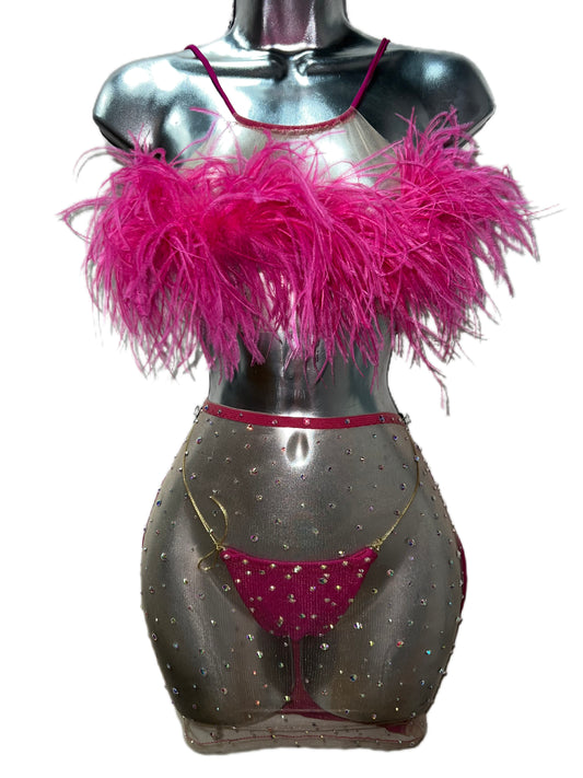 Three Piece Ostrich Feathered Skirt Set