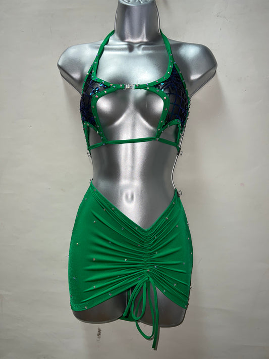 Two Piece Star Top Green Skirt Set