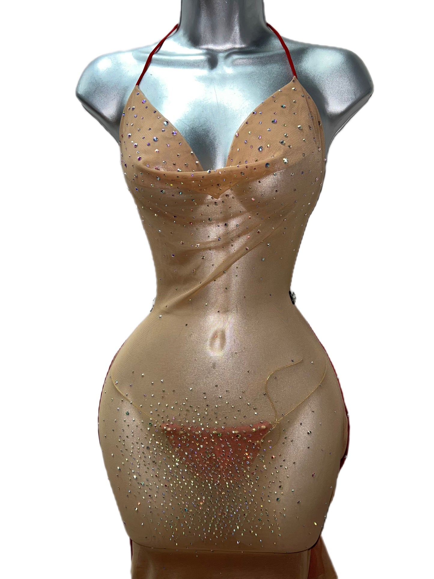 NUDE SHEER NUDE DRESS WITH COVERED RED BACK