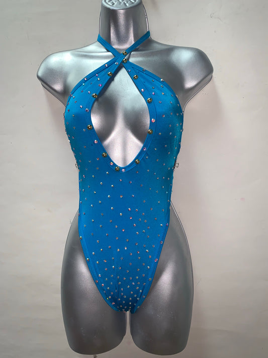 RHINESTONE BLUE ONE PIECE BODYSUIT