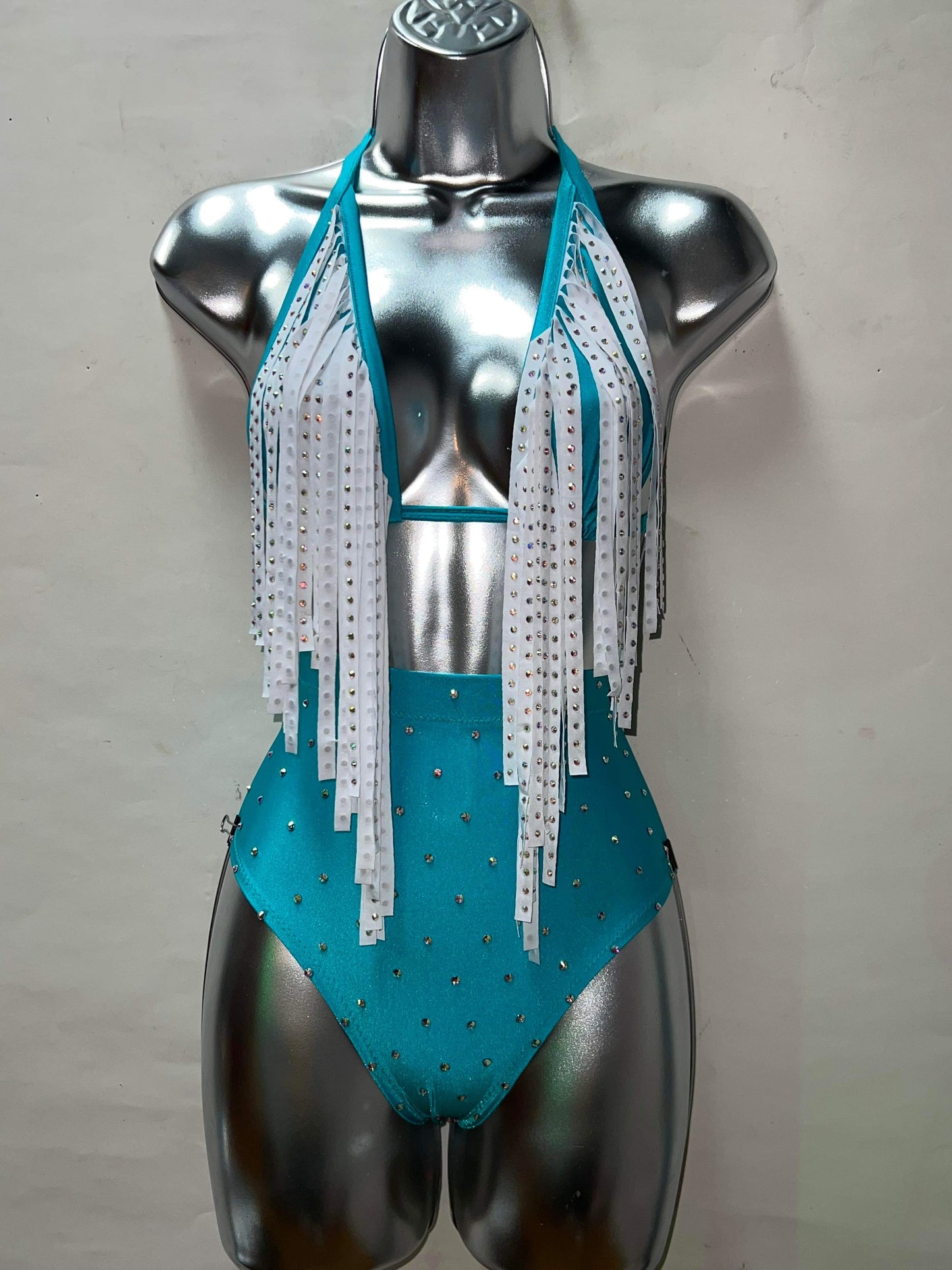 BLUE AND WHITE FRINGE HIGH WAIST