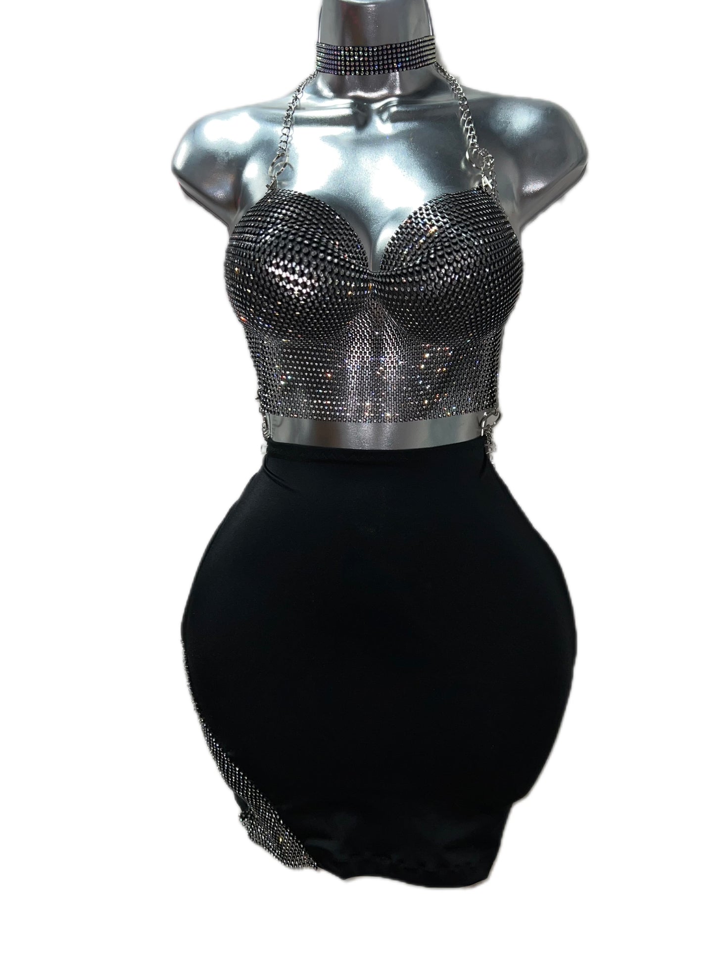 BLACK RHINESTONE TOO WITH SKIRT
