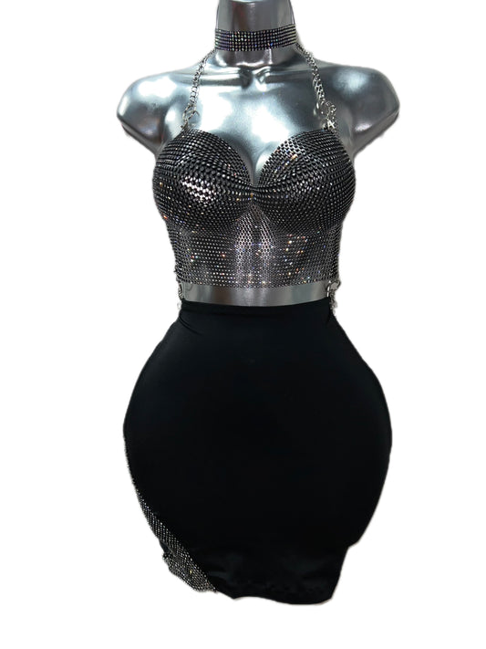 BLACK RHINESTONE TOO WITH SKIRT