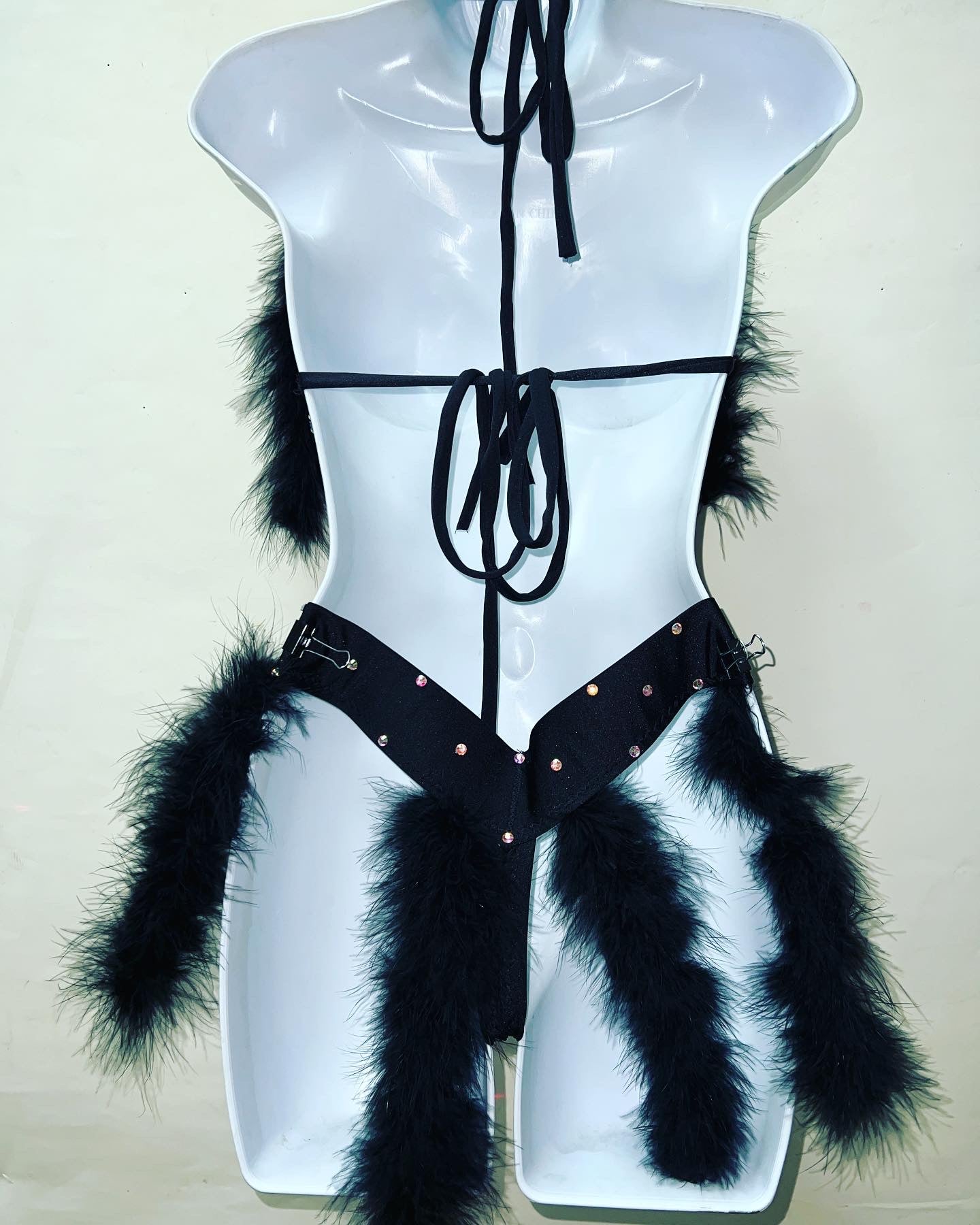 Two Piece Furry Rhinestone Bra Set
