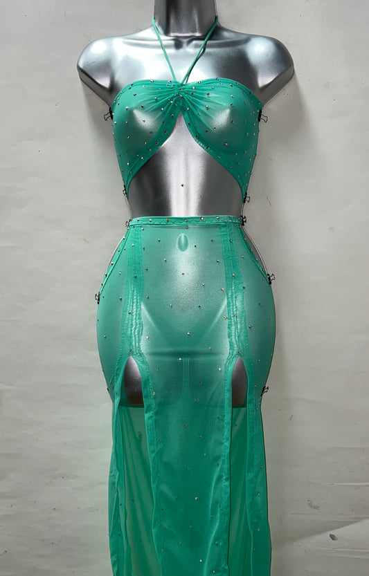 Two Piece Mint Mesh Skirt Set