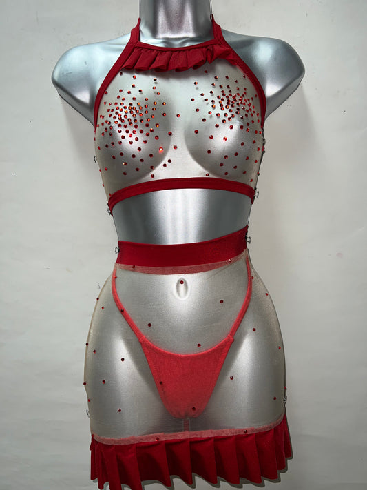 Three Piece Red/Nude Skirt Set