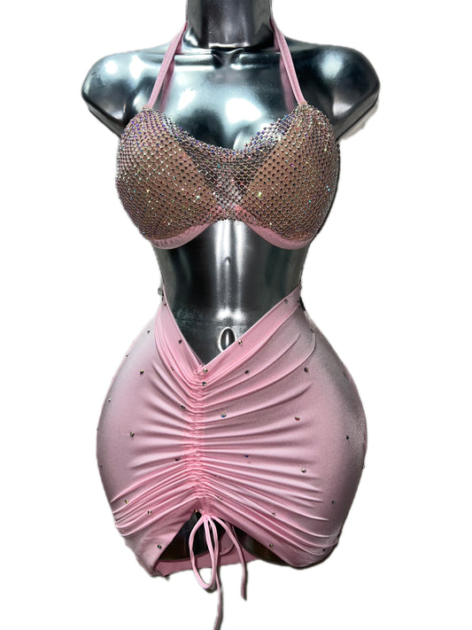 Two Piece Pink Bra Skirt Set