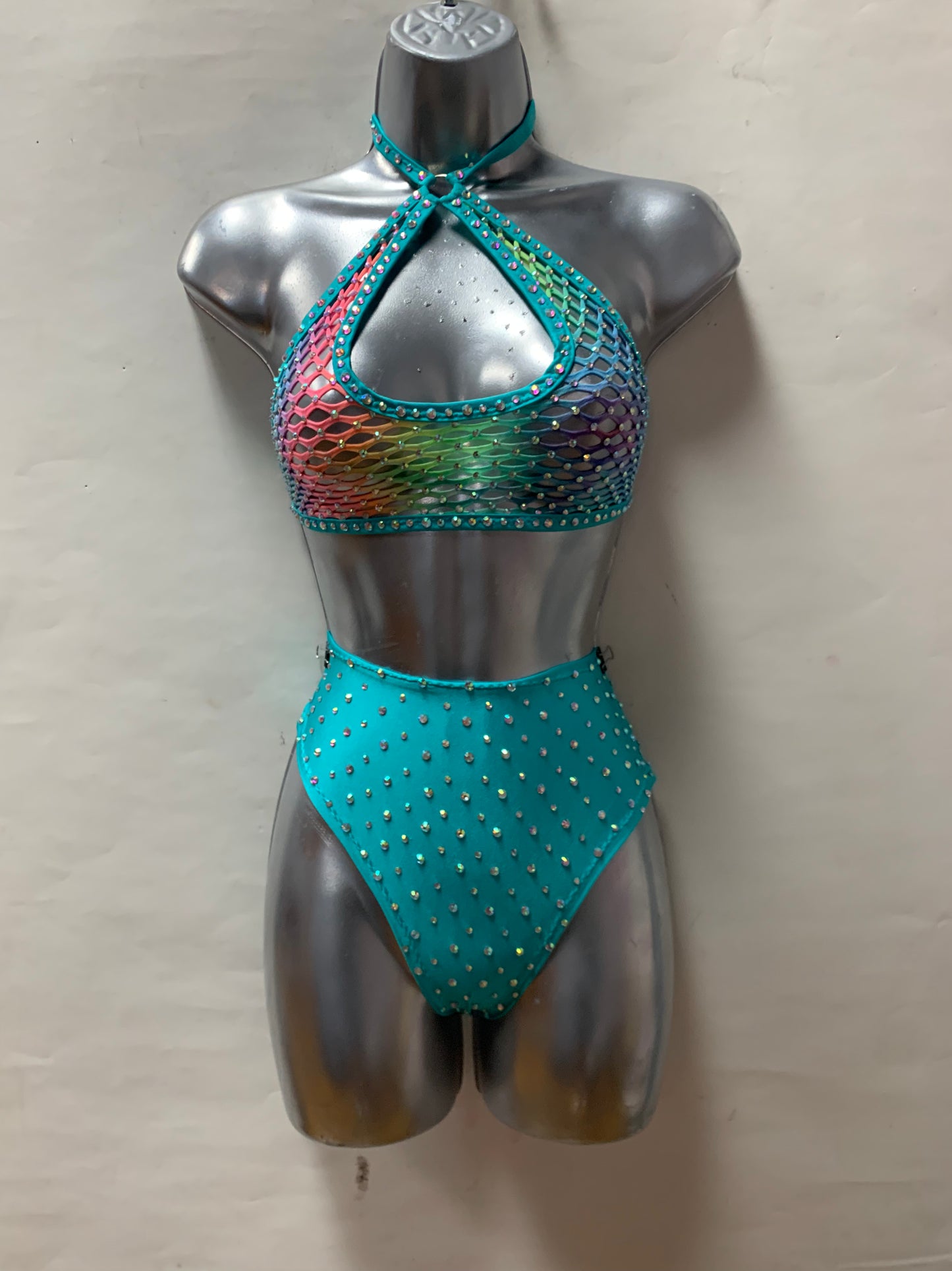 BLUE HIGH WAIST FISHNET SET