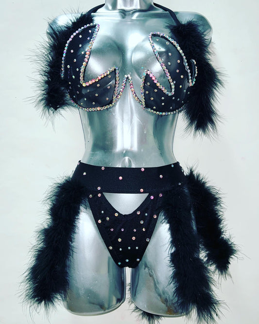 Two Piece Furry Rhinestone Bra Set