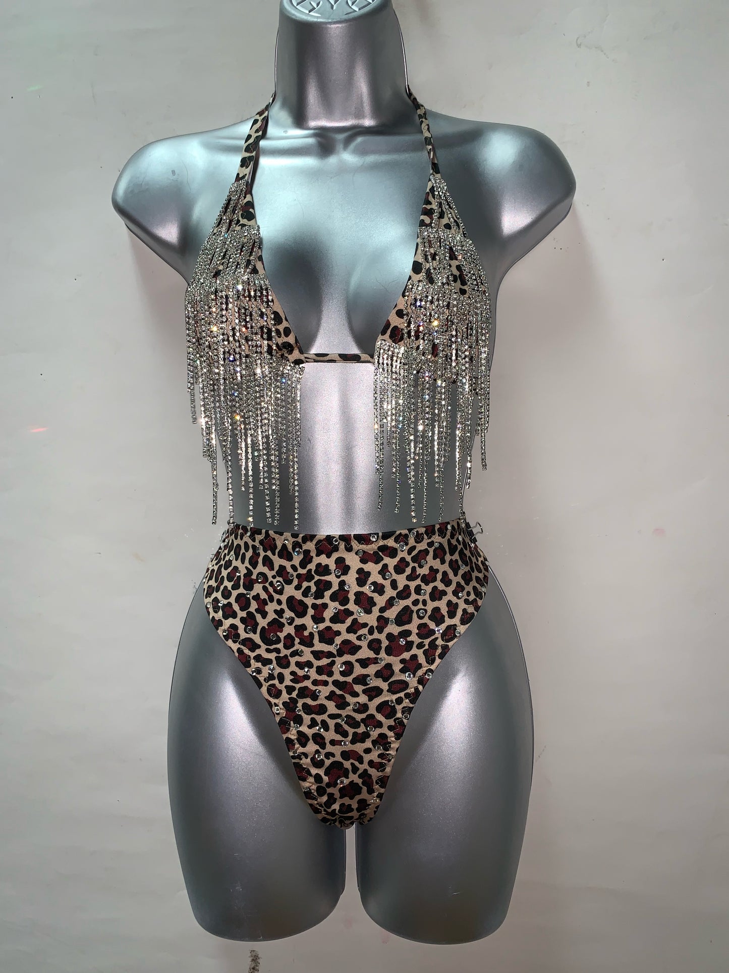 CHEETAH PRINT RHINESTONE FRINGE 2 PC