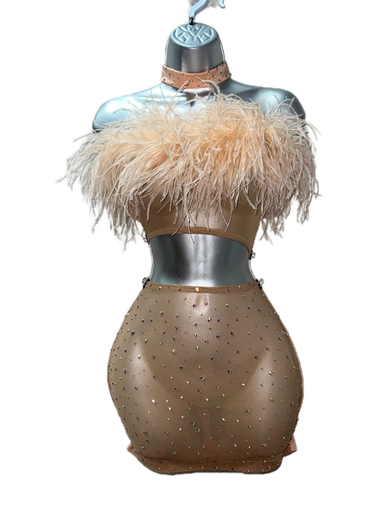 Three Piece Ostrich Feathered Skirt Set