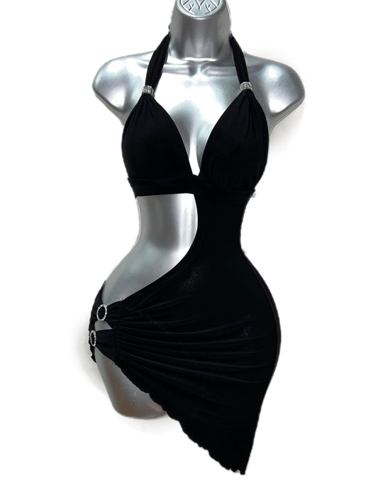 Black Rhinestone Slant Dress