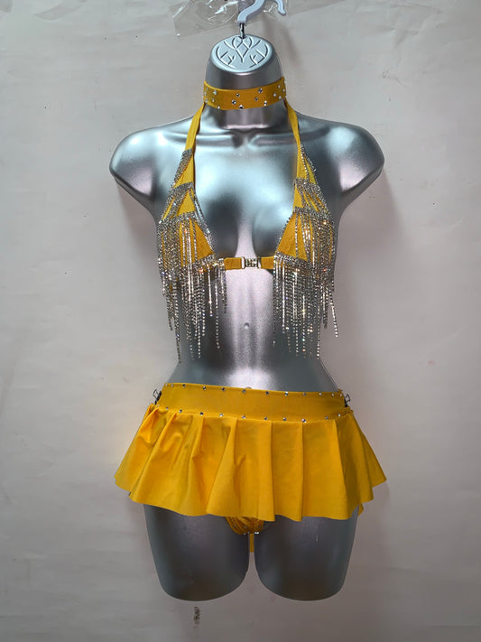 YELLOW THREE PIECE FRINGE SKIRT SET