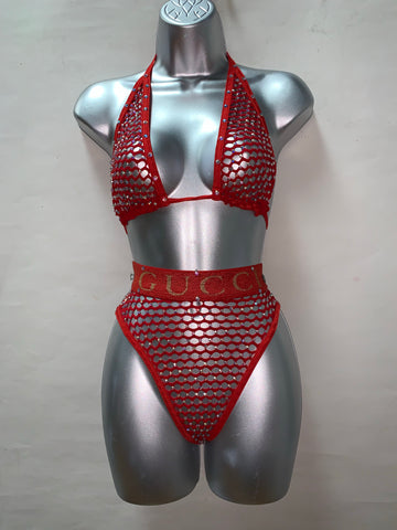 TWO PIECE RED FISHNET SET