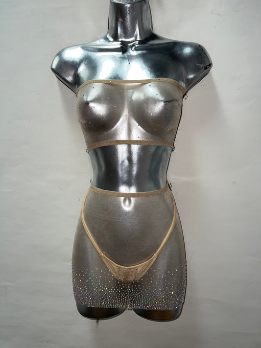 Three Piece Nude Rhinestone Skirt Set